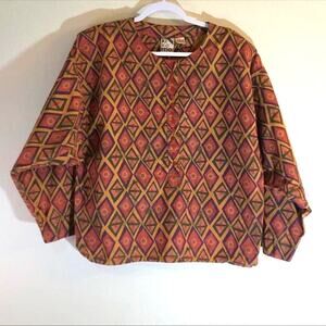 Kikomo Size Large Orange Green Balloon Sleeve Groovy Funky Abstract Button Up